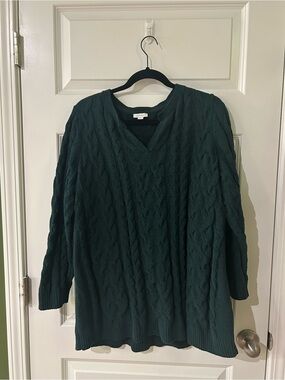 J. Jill Dark Green Cable Knit V-Neck Sweater
